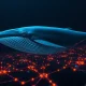 A digital whale swimming through a network of blockchain data streams, symbolizing whale accumulation of Chainlink's LINK token.