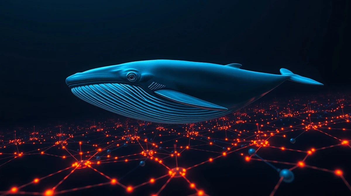 A digital whale swimming through a network of blockchain data streams, symbolizing whale accumulation of Chainlink's LINK token.