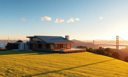 Aerial view of a luxury modern home in the Bay Area hills during sunset, symbolizing AI-driven real estate demand.