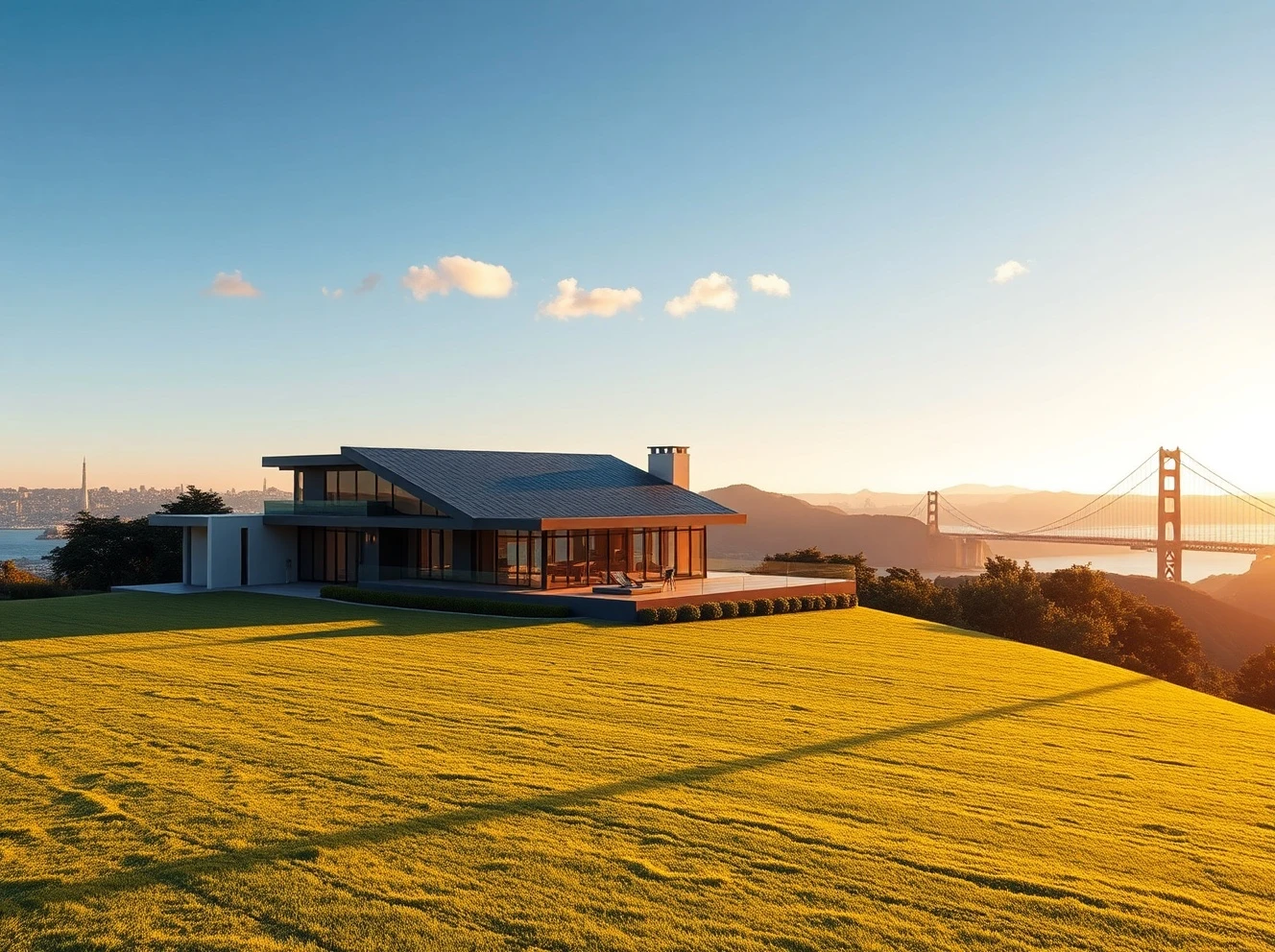 Aerial view of a luxury modern home in the Bay Area hills during sunset, symbolizing AI-driven real estate demand.