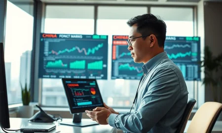 Analyst reviewing China economic data on screen in modern office