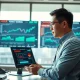 Analyst reviewing China economic data on screen in modern office
