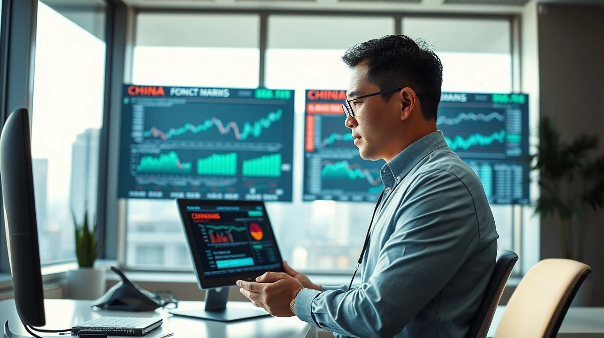 Analyst reviewing China economic data on screen in modern office