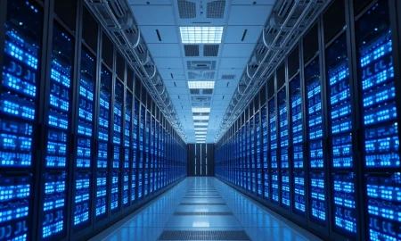Interior of a modern data centre with rows of servers and blue lighting, representing DayOne's core business.