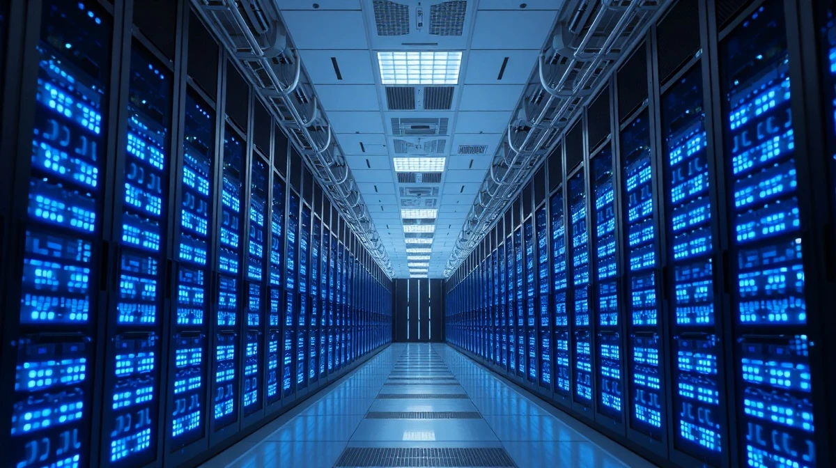 Interior of a modern data centre with rows of servers and blue lighting, representing DayOne's core business.