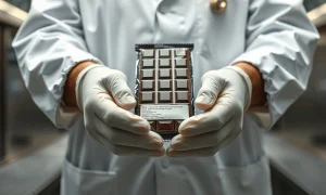 Food safety inspector holding a chocolate bar package during a Salmonella contamination recall inspection