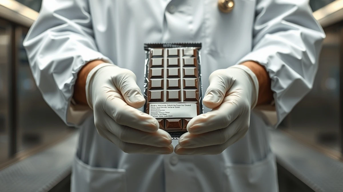 Food safety inspector holding a chocolate bar package during a Salmonella contamination recall inspection