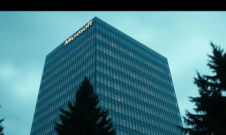 Microsoft corporate headquarters in Redmond, Washington, shown under overcast skies, representing the company's central role in the AI industry.