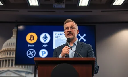 Circle CEO Jeremy Allaire speaking at a press conference about the CLARITY Act and its impact on crypto markets.