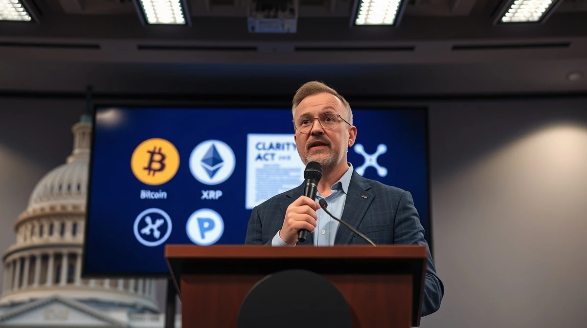 Circle CEO Jeremy Allaire speaking at a press conference about the CLARITY Act and its impact on crypto markets.