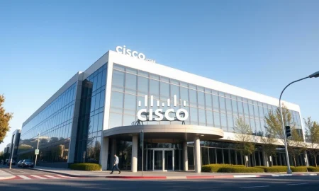 Cisco headquarters building in San Jose, California, on a clear day.