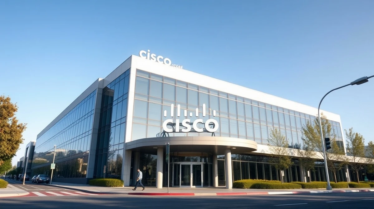 Cisco headquarters building in San Jose, California, on a clear day.