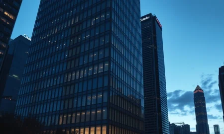 Modern high-rise office building in Hong Kong's Central financial district at dusk