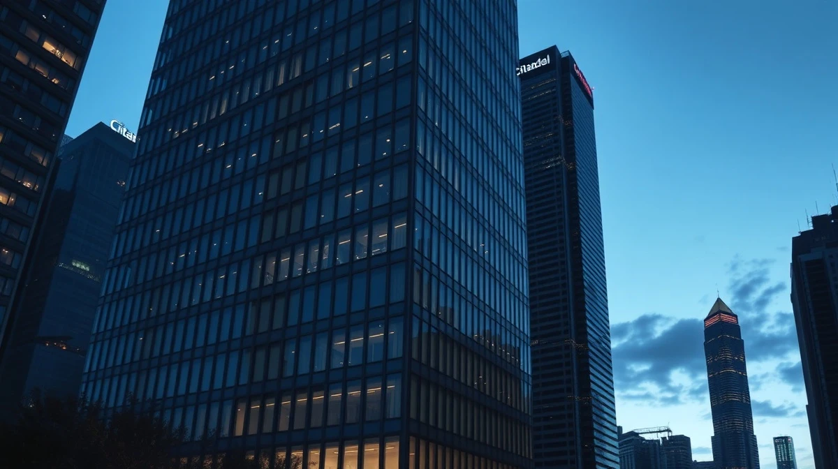 Modern high-rise office building in Hong Kong's Central financial district at dusk