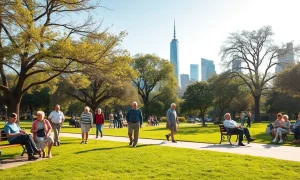 Older adults enjoying a sunny afternoon in a city park with a skyline in the background