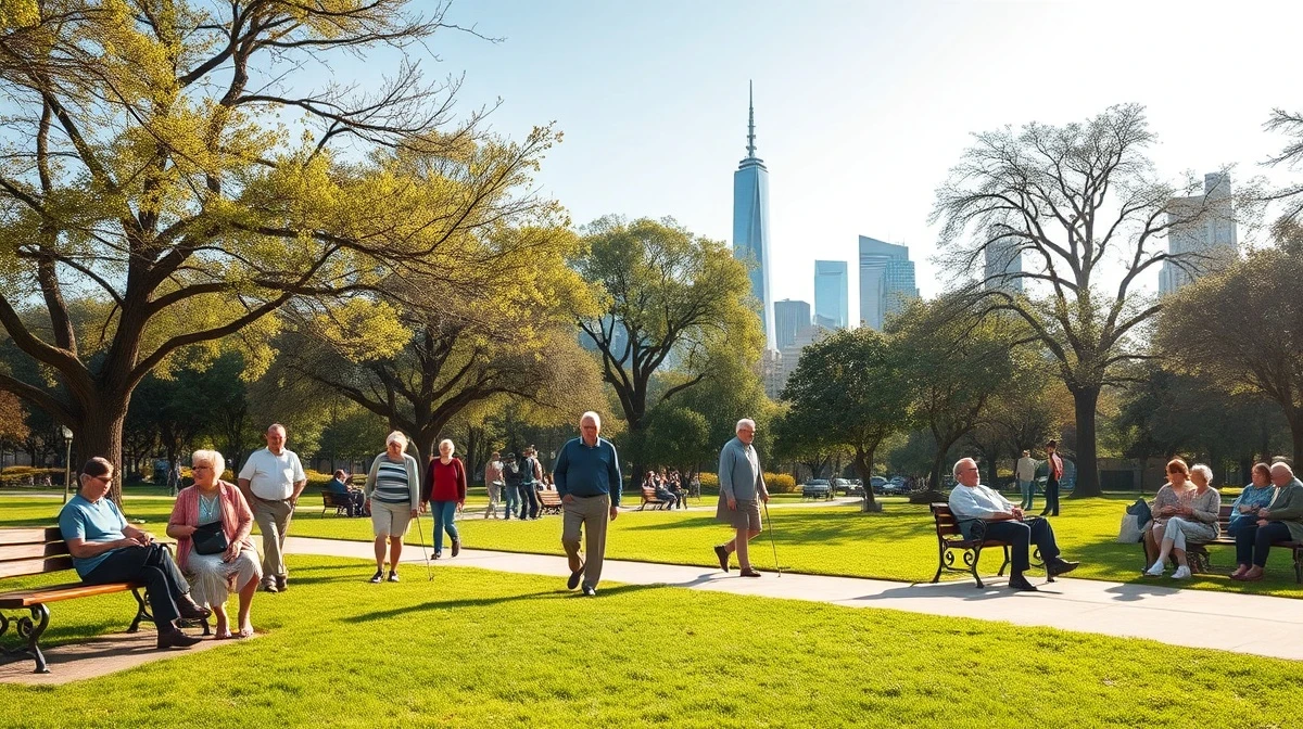 Older adults enjoying a sunny afternoon in a city park with a skyline in the background