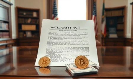 CLARITY Act draft document on a desk with a Bitcoin coin and US dollar bills in a congressional office setting
