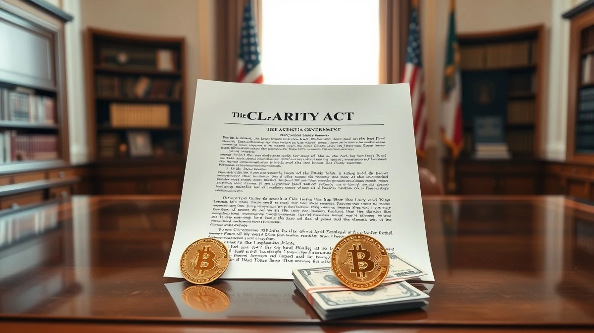 CLARITY Act draft document on a desk with a Bitcoin coin and US dollar bills in a congressional office setting