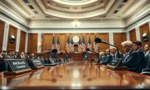US congressional committee hearing room with microphones and American flags, representing the CLARITY Act markup session.
