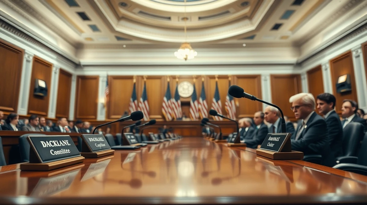 US congressional committee hearing room with microphones and American flags, representing the CLARITY Act markup session.