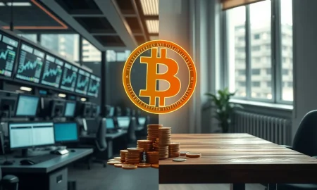 Split image showing Wall Street trading floor and a Bitcoin symbol representing decentralized crypto