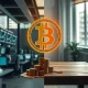 Split image showing Wall Street trading floor and a Bitcoin symbol representing decentralized crypto