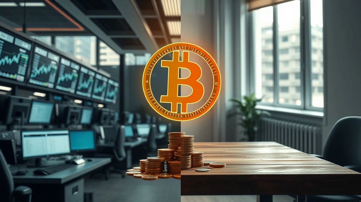 Split image showing Wall Street trading floor and a Bitcoin symbol representing decentralized crypto