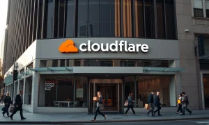 Cloudflare headquarters in San Francisco on a clear morning, with employees entering and exiting the building.
