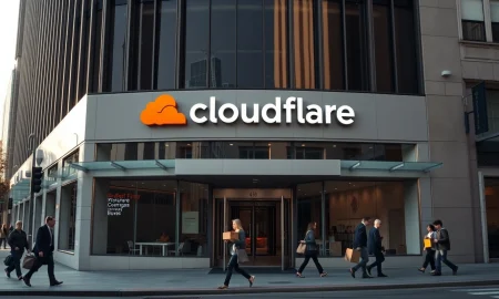 Cloudflare headquarters in San Francisco on a clear morning, with employees entering and exiting the building.