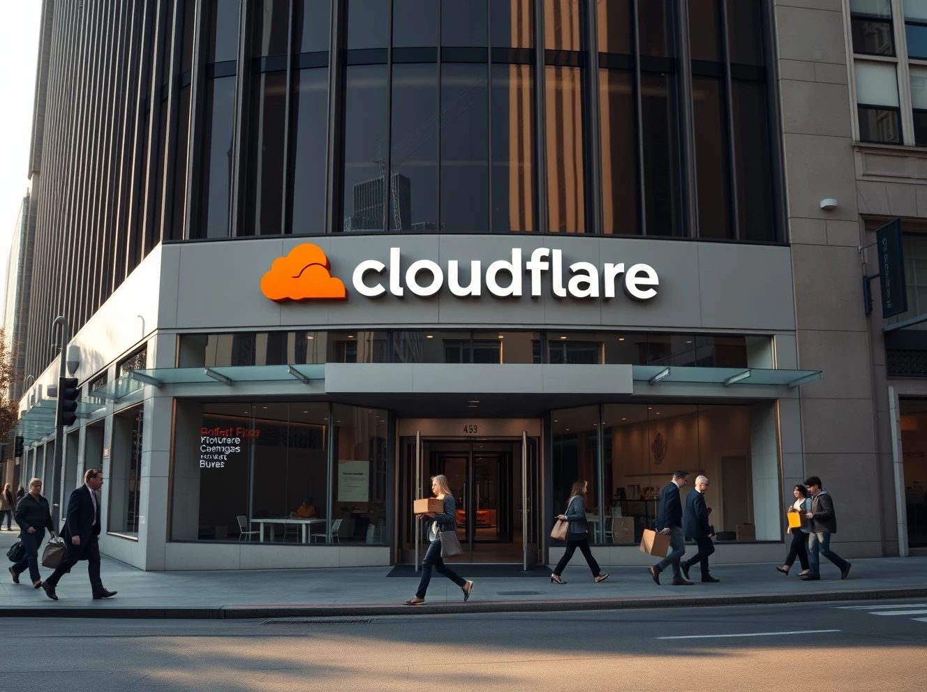 Cloudflare headquarters in San Francisco on a clear morning, with employees entering and exiting the building.