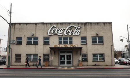 Exterior of the historic Coca-Cola bottling plant in Los Angeles during its closure announcement