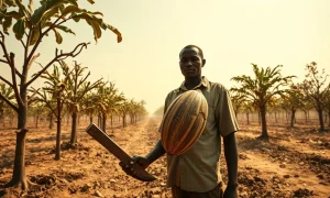 Cocoa farmer in dry West African plantation holding a cracked cocoa pod during drought conditions.