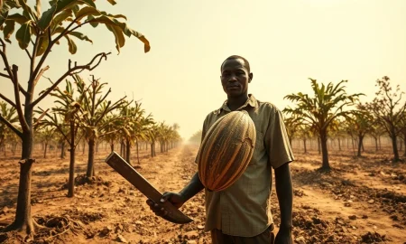 Cocoa farmer in dry West African plantation holding a cracked cocoa pod during drought conditions.
