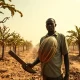 Cocoa farmer in dry West African plantation holding a cracked cocoa pod during drought conditions.