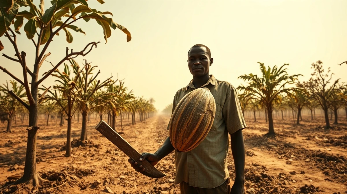 Cocoa farmer in dry West African plantation holding a cracked cocoa pod during drought conditions.