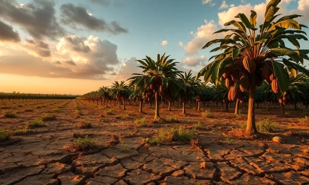 Cocoa plantation in West Africa showing drought-stressed trees and pods under cloudy sky