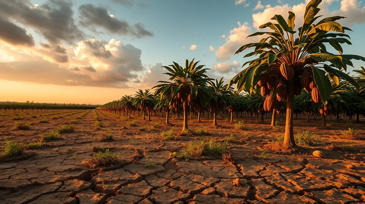 Cocoa plantation in West Africa showing drought-stressed trees and pods under cloudy sky