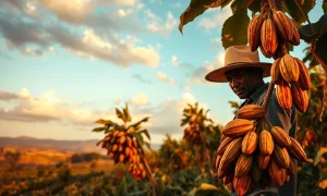 Cocoa farmer inspecting pods on a plantation in West Africa during late afternoon light