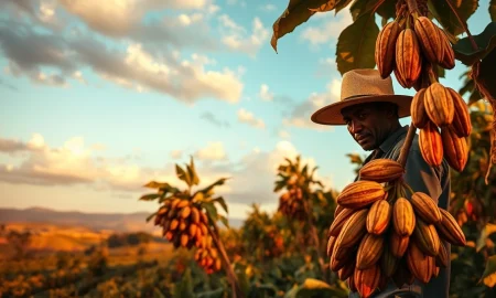 Cocoa farmer inspecting pods on a plantation in West Africa during late afternoon light