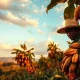 Cocoa farmer inspecting pods on a plantation in West Africa during late afternoon light