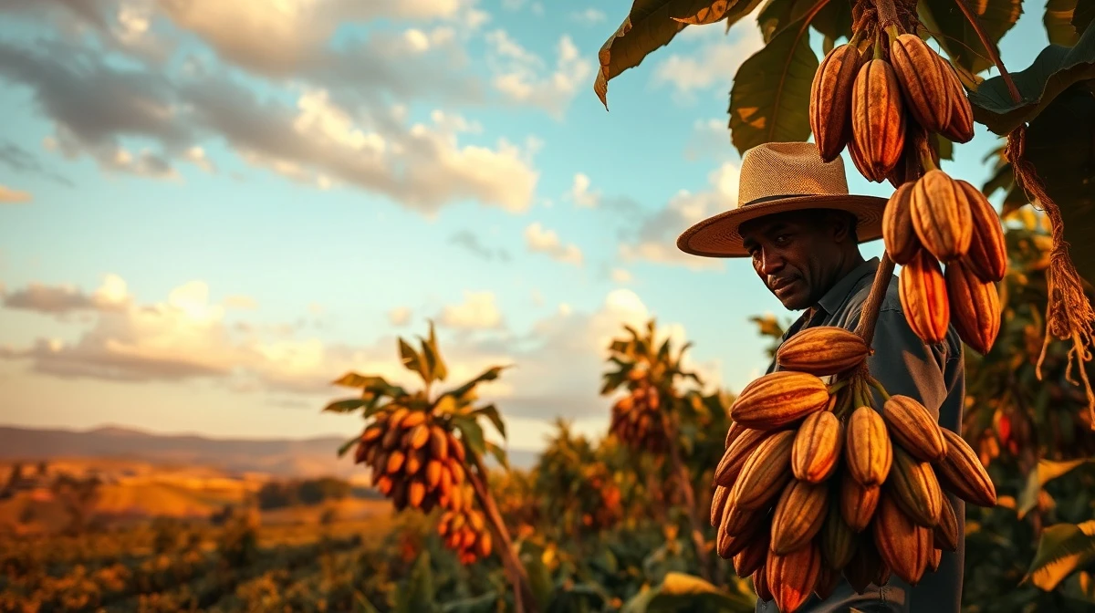 Cocoa farmer inspecting pods on a plantation in West Africa during late afternoon light