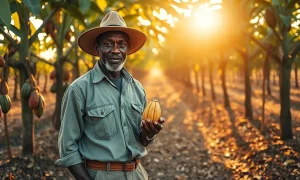 Cocoa farmer in Ivory Coast plantation holding a cocoa pod during late afternoon harvest