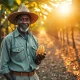 Cocoa farmer in Ivory Coast plantation holding a cocoa pod during late afternoon harvest