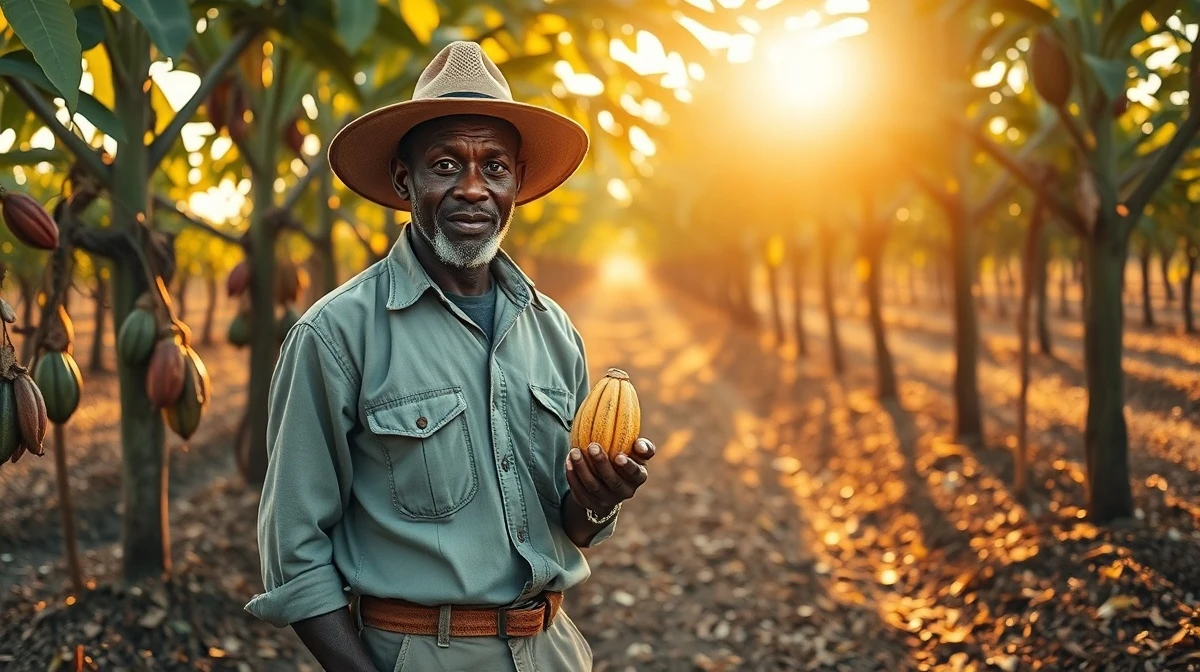 Cocoa farmer in Ivory Coast plantation holding a cocoa pod during late afternoon harvest