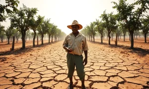 Cocoa farmer inspecting dried pods on a drought-affected plantation in West Africa.