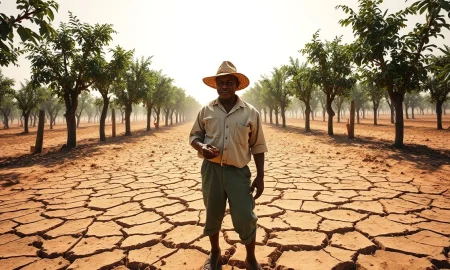 Cocoa farmer inspecting dried pods on a drought-affected plantation in West Africa.