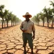 Cocoa farmer inspecting dried pods on a drought-affected plantation in West Africa.