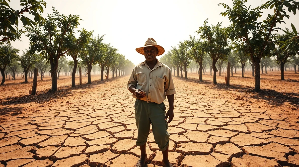 Cocoa farmer inspecting dried pods on a drought-affected plantation in West Africa.