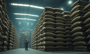 Stacks of burlap coffee bags in a dimly lit warehouse, representing shrinking inventories.