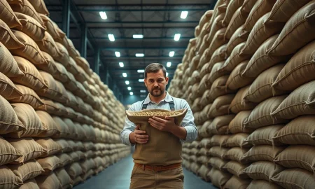 Warehouse stacked with green coffee bean sacks, inspected by a worker, representing shrinking inventories.